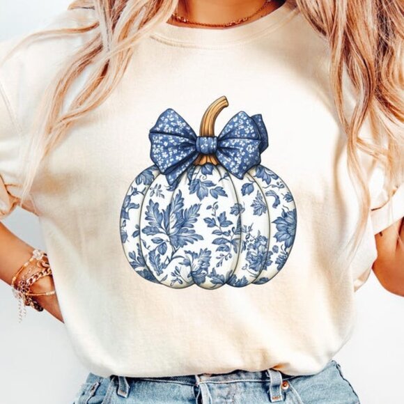 Tops - Blue Floral Pumpkin Shirt, Coquette Pumpkin Shirt